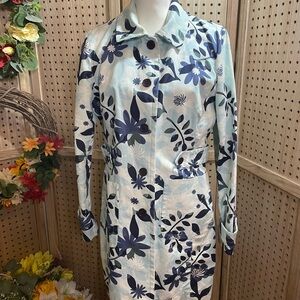 Ann Taylor Blue Floral Long Sleeve Trench Coat